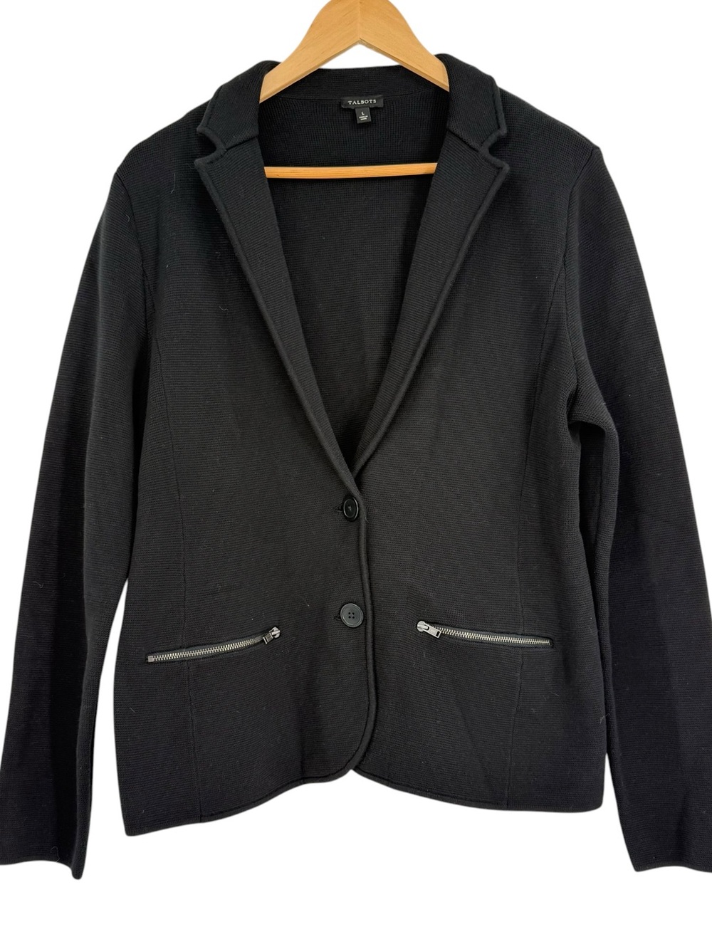 Talbots Black Sweater Blazer Cardigan Jacket Size L Cotton 2-button Academia
